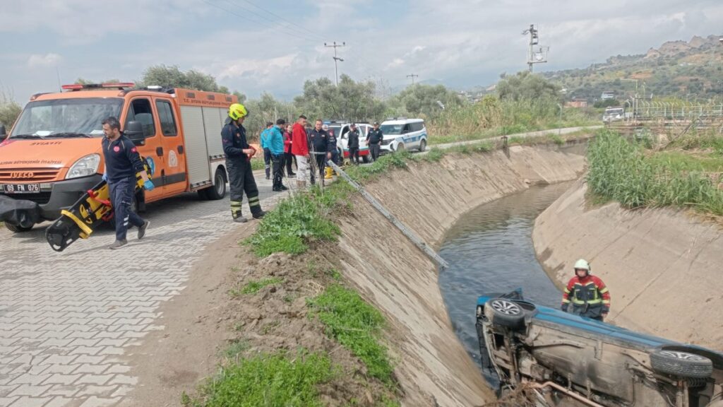 Aydın’da otomobil sulama kanalına uçtu